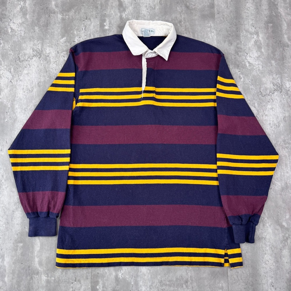 Vintage IZOD Rugby Shirt Mens L Navy Burgundy Yellow Striped Cotton Long Sleeve